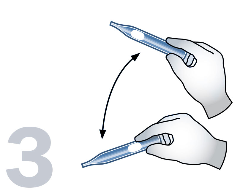 A graphic showing how to mix a VACUettes ampoule by moving it up and down so the bubble mixes the contents.